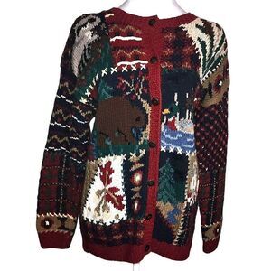 Vtg 90s Northern Isles Hand Knitted Cardigan Sweater L Mountain‎ Cabin,  Animals